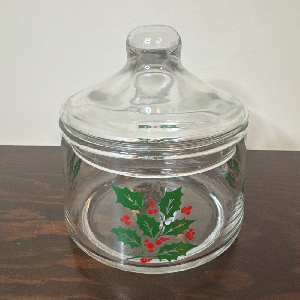 Vintage Indiana Glass Christmas Apothecary Jar with Lid Candy‎ Dish Container
